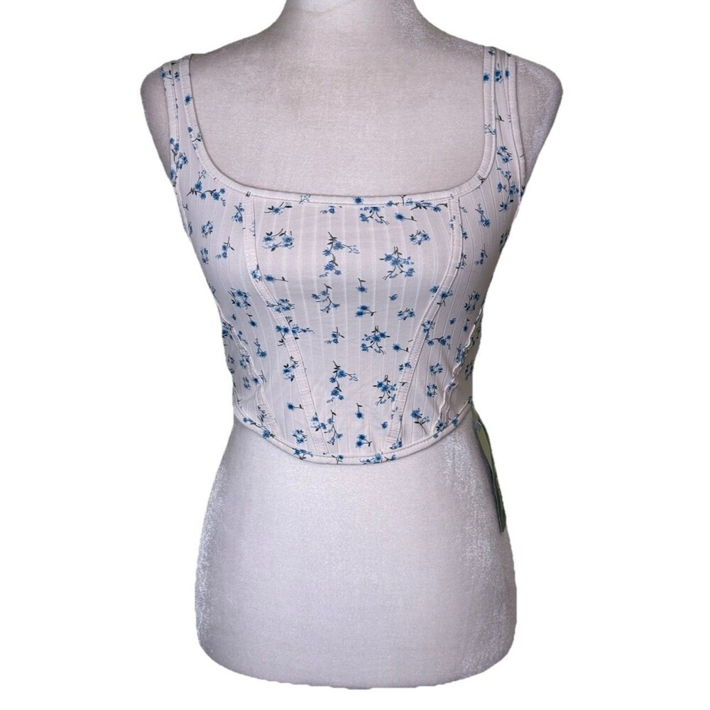 Women’s Coquette Blue Ditsy Floral Corset Style Crop Tank Top Dainty Size XS NEW